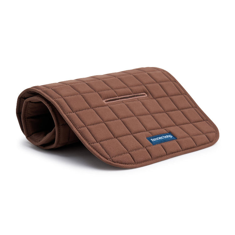 A brown quilted pram liner with a small blue Fennec Baby brand tag, shown rolled up on a clean white background.